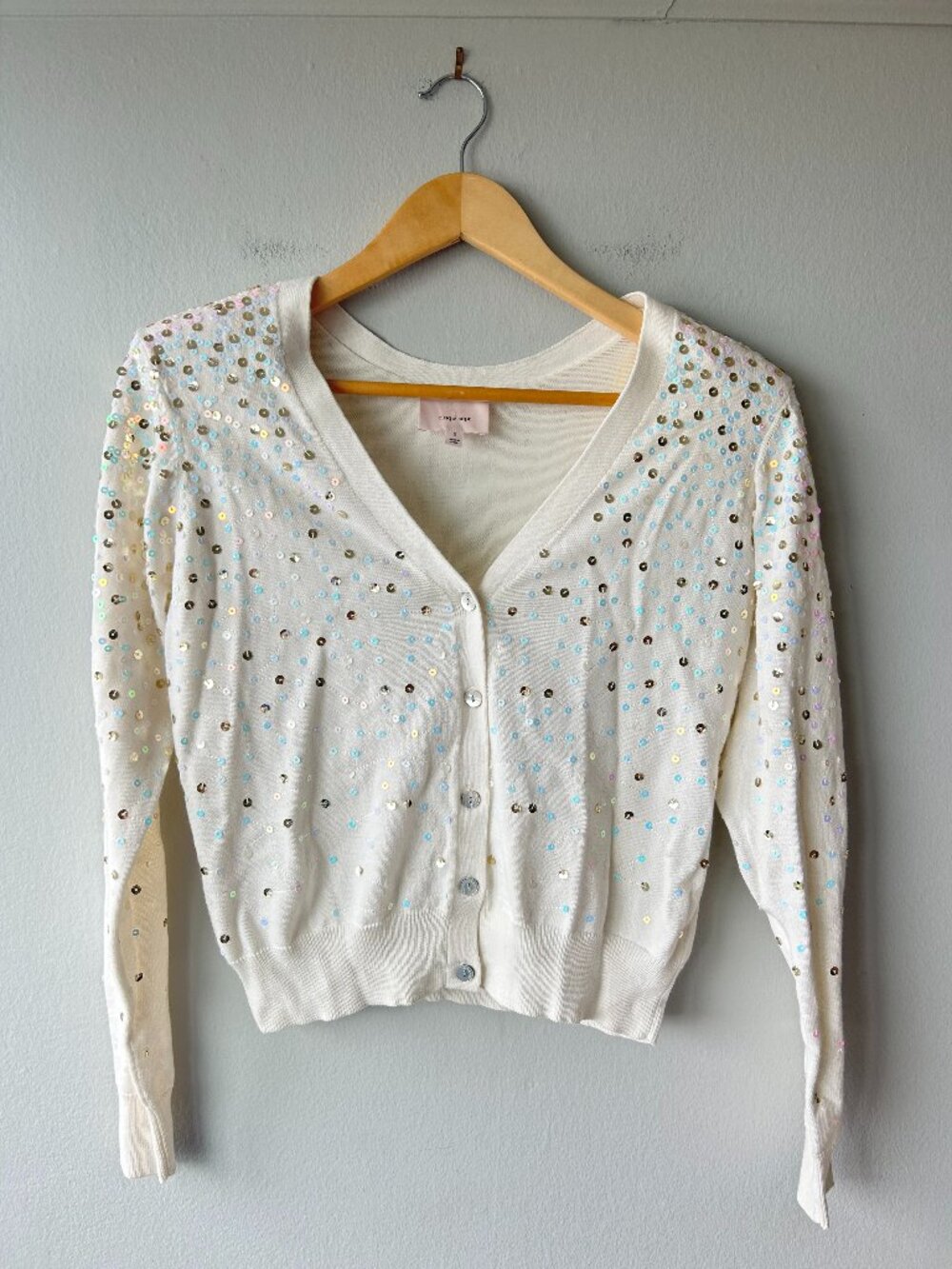 Cinq à Sept Nancy Sequin Cardigan Sweater White Cotton Wool Size S - Picture 1 of 7